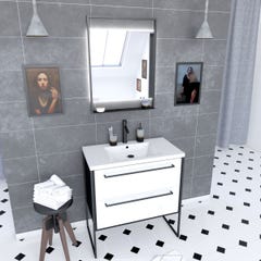 Pack meuble de salle de bain 80x50 cm NOIR MAT - 2 tiroirs blanc - vasque blanche + miroir LED 0