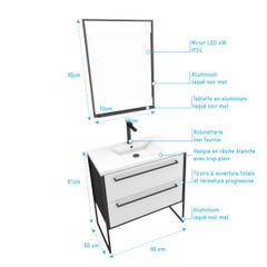 Pack meuble de salle de bain 80x50 cm NOIR MAT - 2 tiroirs blanc - vasque blanche + miroir LED 3