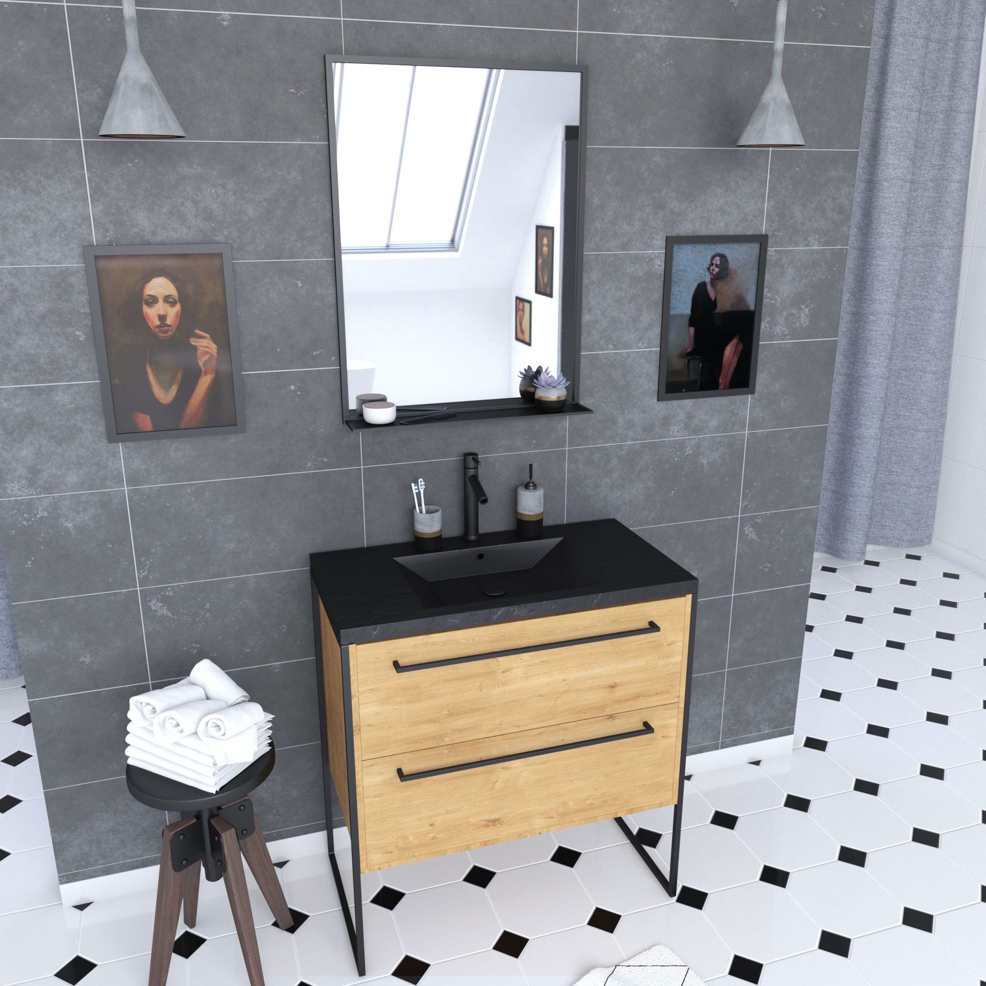 Meuble de salle de bain 80x50cm - tiroirs chêne brun - vasque résine noire effet pierre - miroir 0