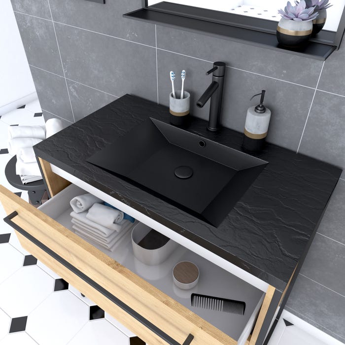 Meuble de salle de bain 80x50cm - tiroirs chêne brun - vasque résine noire effet pierre - miroir 1