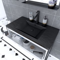 Pack meuble salle de bain 80x50 Blanc -2 tiroirs noir - vasque noir effet pierre et miroir noir mat 1