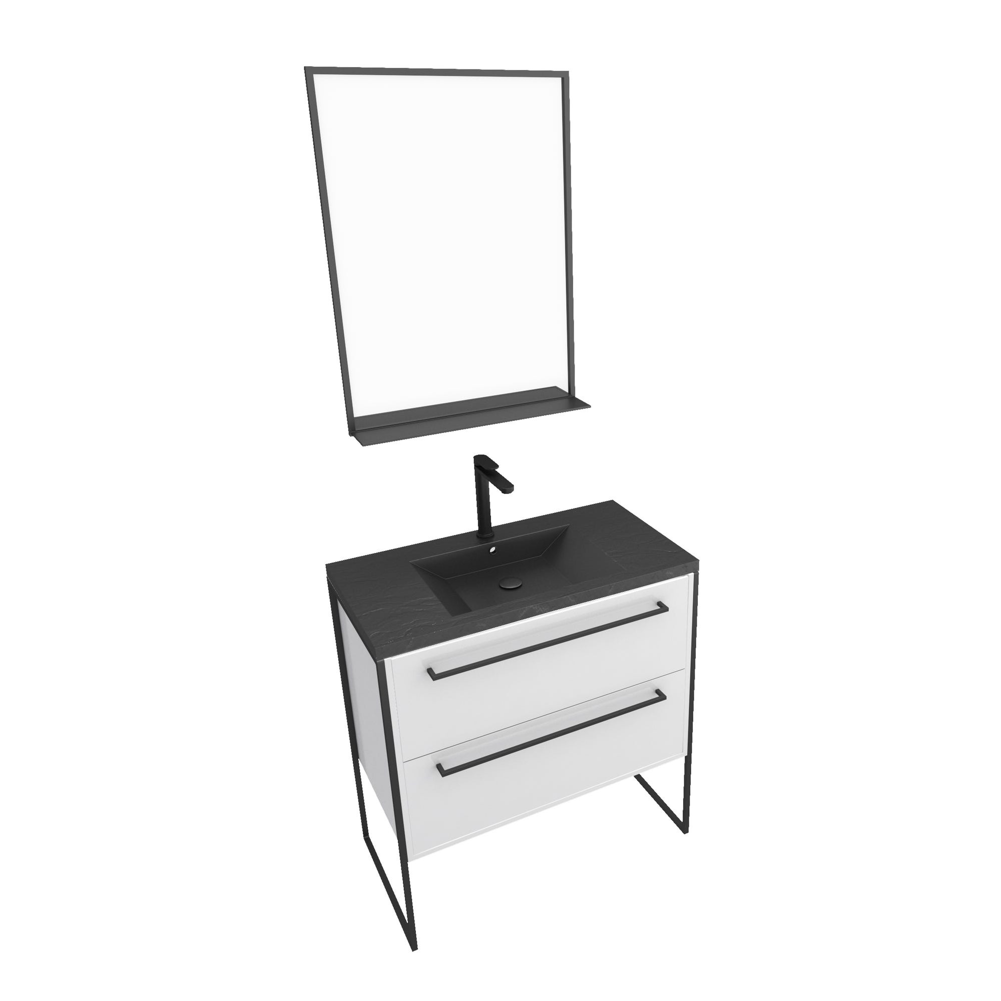 Pack meuble salle de bain 80x50 Blanc -2 tiroirs noir - vasque noir effet pierre et miroir noir mat 2