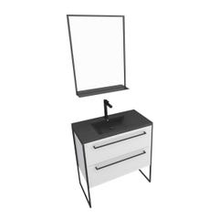 Pack meuble salle de bain 80x50 Blanc -2 tiroirs noir - vasque noir effet pierre et miroir noir mat 2