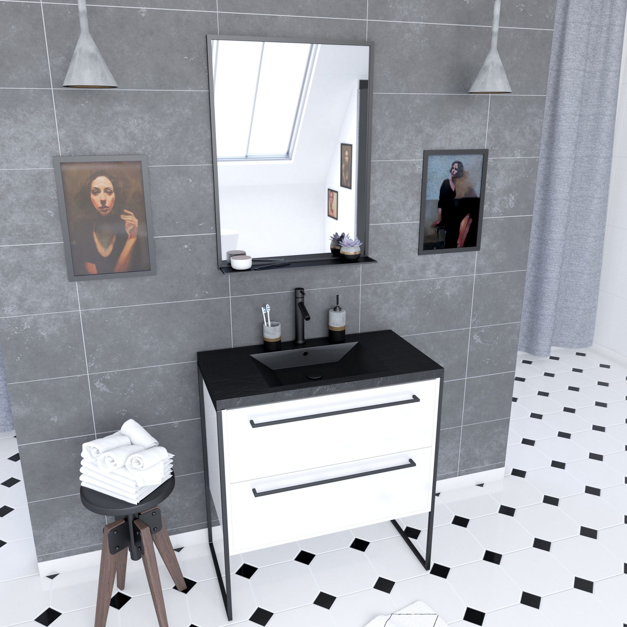 Pack meuble salle de bain 80x50 Blanc -2 tiroirs noir - vasque noir effet pierre et miroir noir mat 0