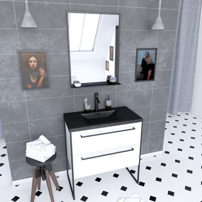 Pack meuble salle de bain 80x50 Blanc -2 tiroirs noir - vasque noir effet pierre et miroir noir mat 0