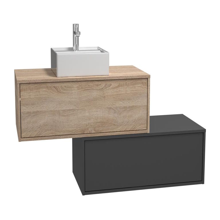 Meuble de salle de bain suspendu naturel clair et anthracite avec simple vasque carrée et deux tiroirs - 94 cm - TEANA II 1