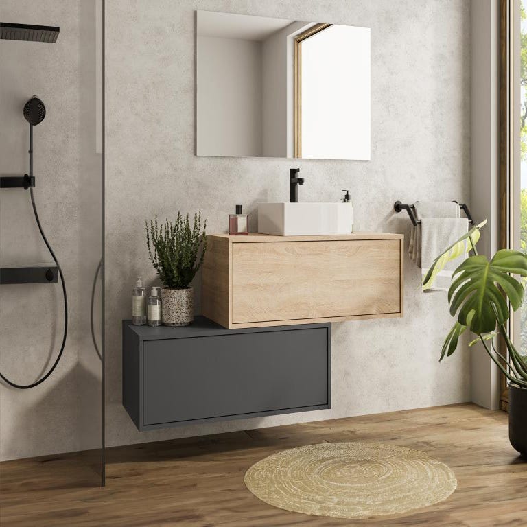 Meuble de salle de bain suspendu naturel clair et anthracite avec simple vasque carrée et deux tiroirs - 94 cm - TEANA II 5