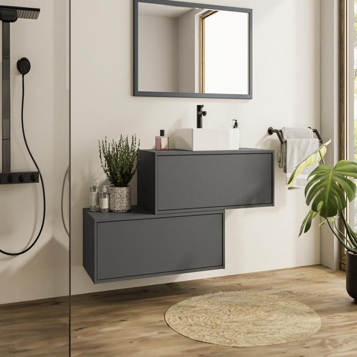 Meuble de salle de bain suspendu gris anthracite avec simple vasque carrée et deux tiroirs - 94 cm - TEANA II 5