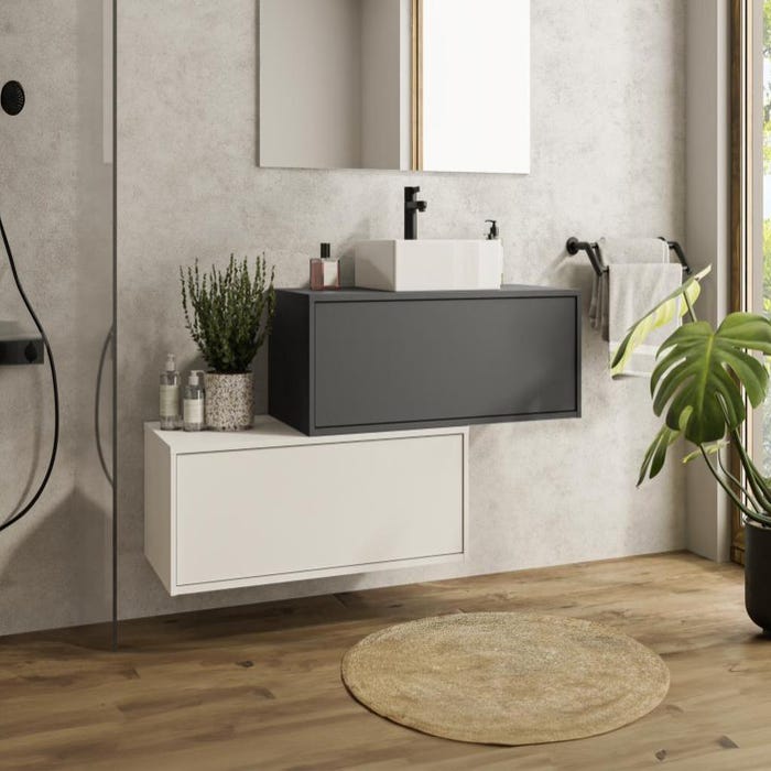 Meuble de salle de bain suspendu gris anthracite et blanc avec simple vasque carrée et deux tiroirs - 94 cm - TEANA II 1