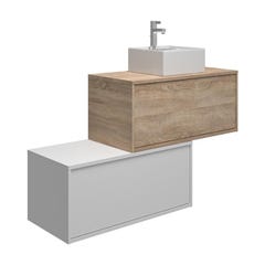 Meuble de salle de bain suspendu blanc et naturel clair avec simple vasque carrée et deux tiroirs - 94 cm - TEANA II 4