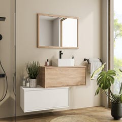 Meuble de salle de bain suspendu blanc et naturel clair avec simple vasque carrée et deux tiroirs - 94 cm - TEANA II 1