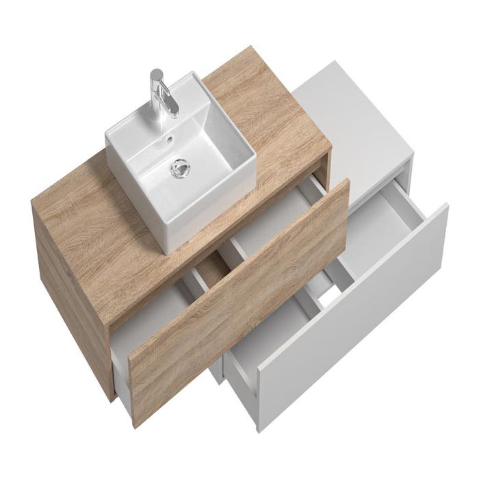 Meuble de salle de bain suspendu blanc et naturel clair avec simple vasque carrée et deux tiroirs - 94 cm - TEANA II 3