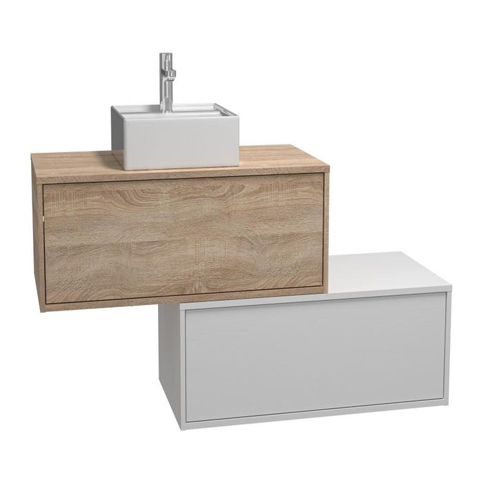 Meuble de salle de bain suspendu blanc et naturel clair avec simple vasque carrée et deux tiroirs - 94 cm - TEANA II 2