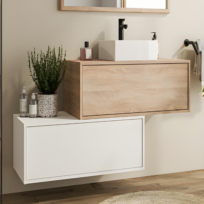 Meuble de salle de bain suspendu blanc et naturel clair avec simple vasque carrée et deux tiroirs - 94 cm - TEANA II 0
