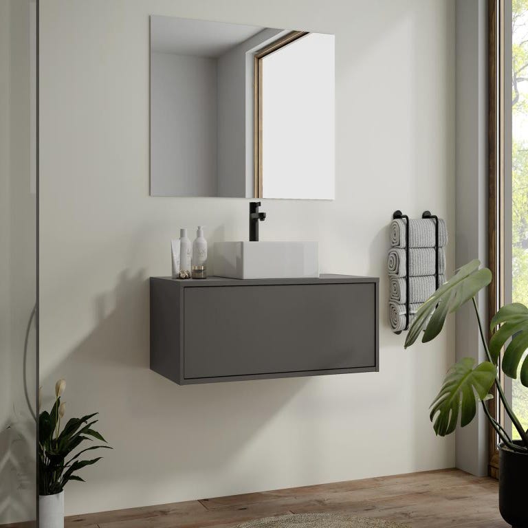 Meuble de salle de bain suspendu gris anthracite avec simple vasque carrée - 94 cm - TEANA II 1