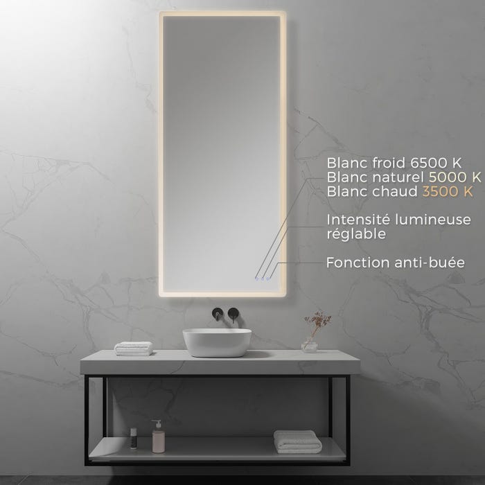 MELLOW Miroir lumineux salle de bain LED 3 couleurs + intensité réglable & fonction anti-buée 80 x 180 cm 1