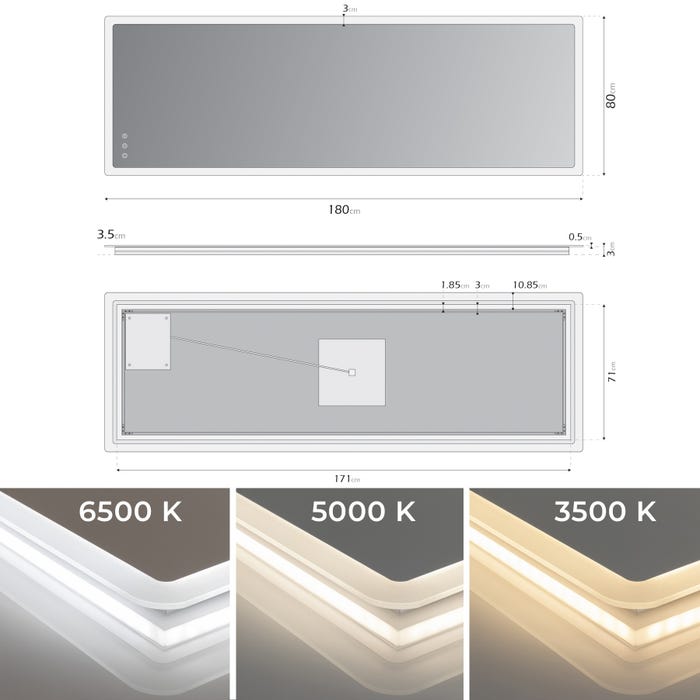 MELLOW Miroir lumineux salle de bain LED 3 couleurs + intensité réglable & fonction anti-buée 80 x 180 cm 4
