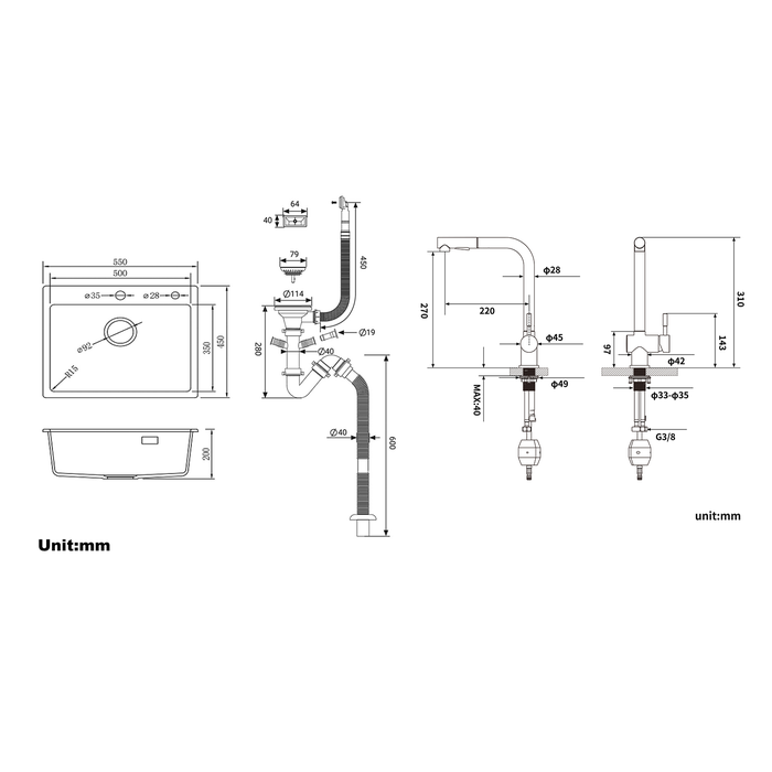 AuraLum 1 Bac Évier Cuisine en Granit,55*45*20cm,Kit de Vidage,Gris+Robinet Cuisine Douchette Extractible Deux Jets Pivotant 360°, Noir 3