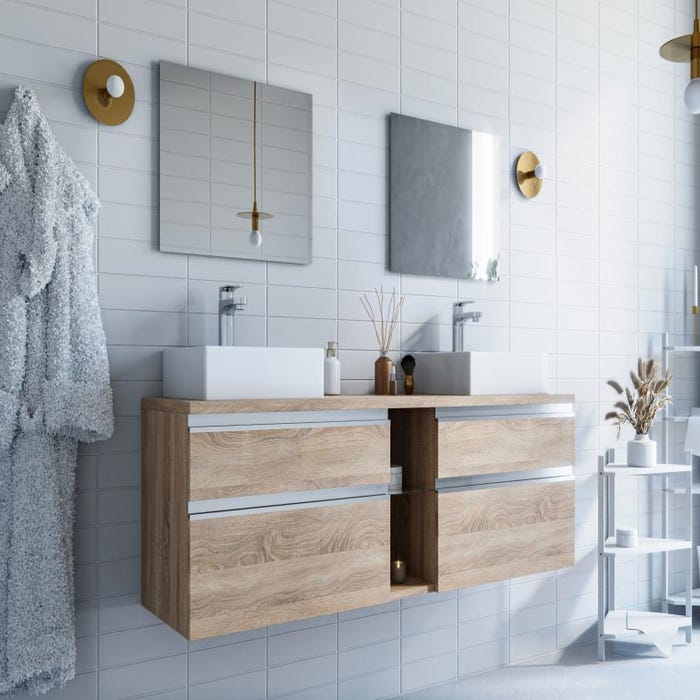 Meuble de salle de bain suspendu avec double vasque et miroirs - Coloris naturel clair - 150 cm - MAGDALENA II 1