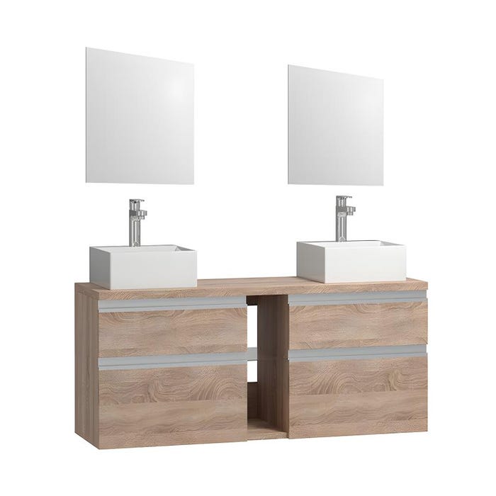 Meuble de salle de bain suspendu avec double vasque et miroirs - Coloris naturel clair - 150 cm - MAGDALENA II 2