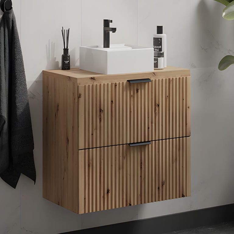 Meuble de salle de bain suspendu strié avec vasque à poser - Naturel clair - L80 cm - ZEVARA 1