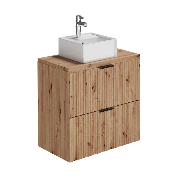 Meuble de salle de bain suspendu strié avec vasque à poser - Naturel clair - L80 cm - ZEVARA 2