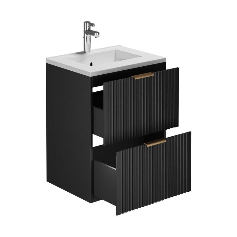 Meuble de salle de bain suspendu strié avec vasque à encastrer - Noir - 60 cm - ZEVARA 3