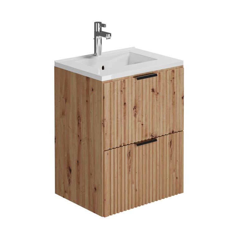 Meuble de salle de bain suspendu strié avec vasque à encastrer - Naturel clair - 60 cm - ZEVARA 2