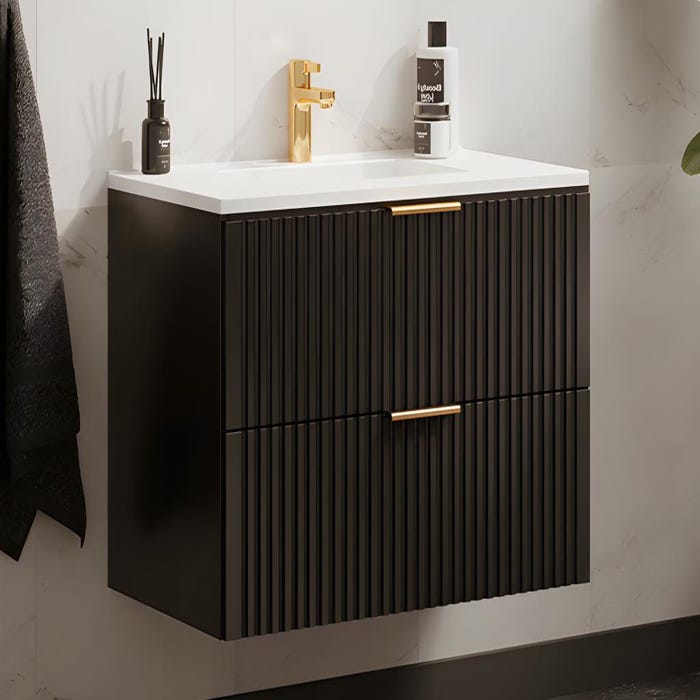 Meuble de salle de bain suspendu strié avec vasque à encastrer - Noir - 80 cm - ZEVARA 1