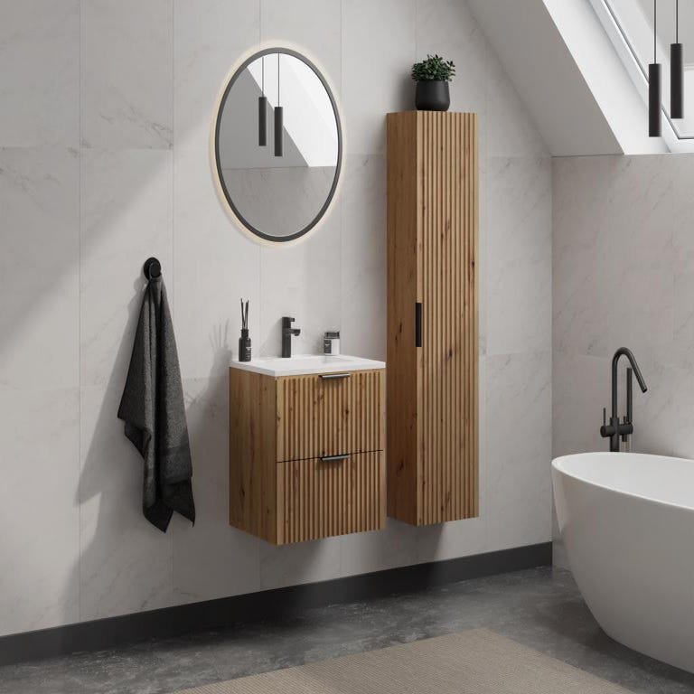 Meuble de salle de bain strié avec vasque à encastrer et colonne - Coloris naturel clair - 60 cm - ZEVARA 0