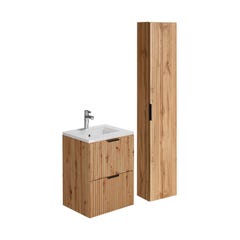 Meuble de salle de bain strié avec vasque à encastrer et colonne - Coloris naturel clair - 60 cm - ZEVARA 1