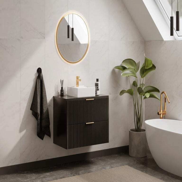 Meuble de salle de bain suspendu strié avec vasque à poser - Noir - 80 cm - ZEVARA 1