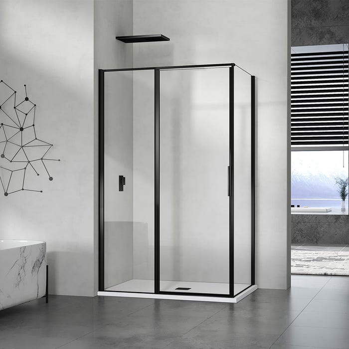 GRAND VERRE Cabine de douche 100x100 en verre avec profilés en alu noir mat à ouverture pivotante avec partie fixe 0
