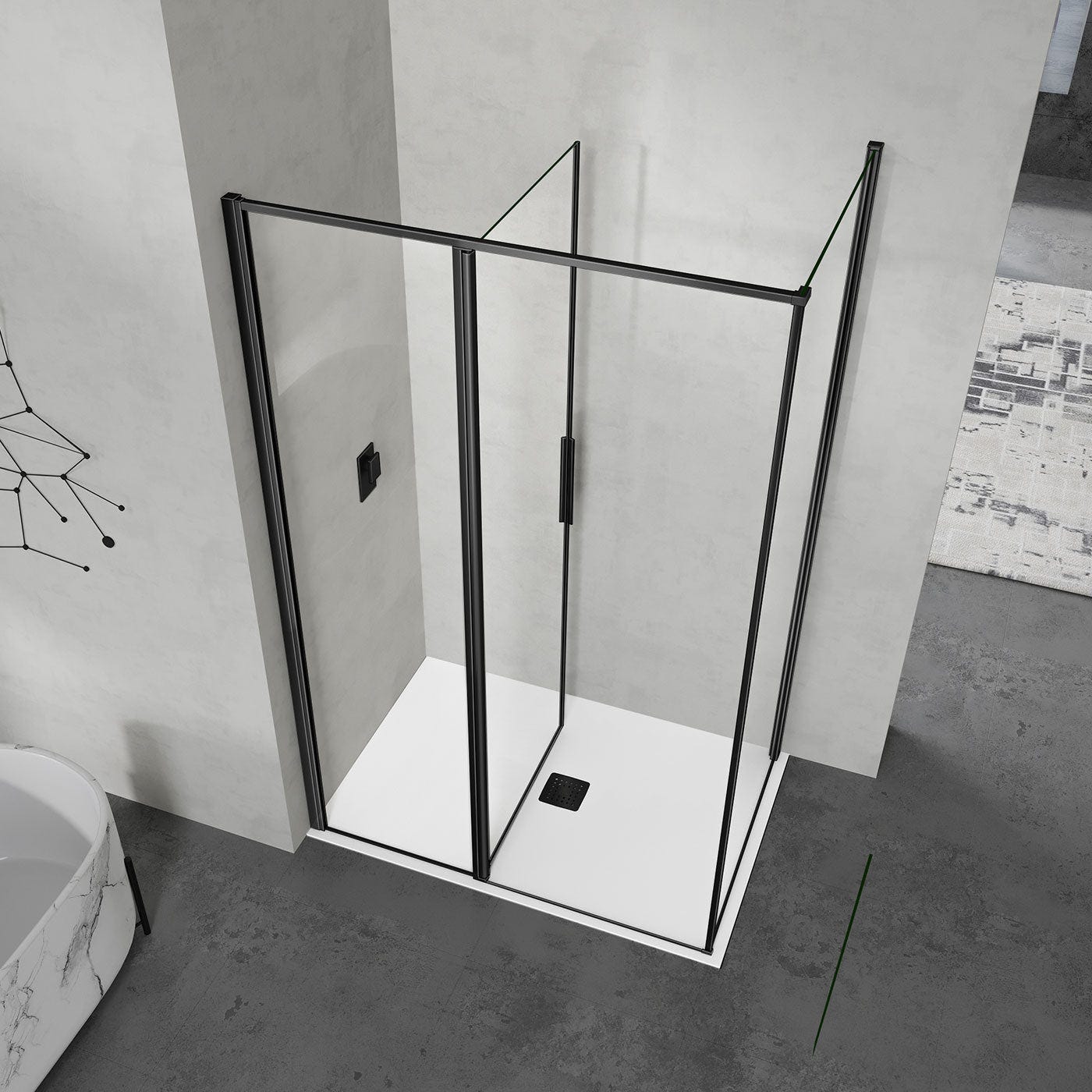 GRAND VERRE Cabine de douche 100x100 en verre avec profilés en alu noir mat à ouverture pivotante avec partie fixe 1