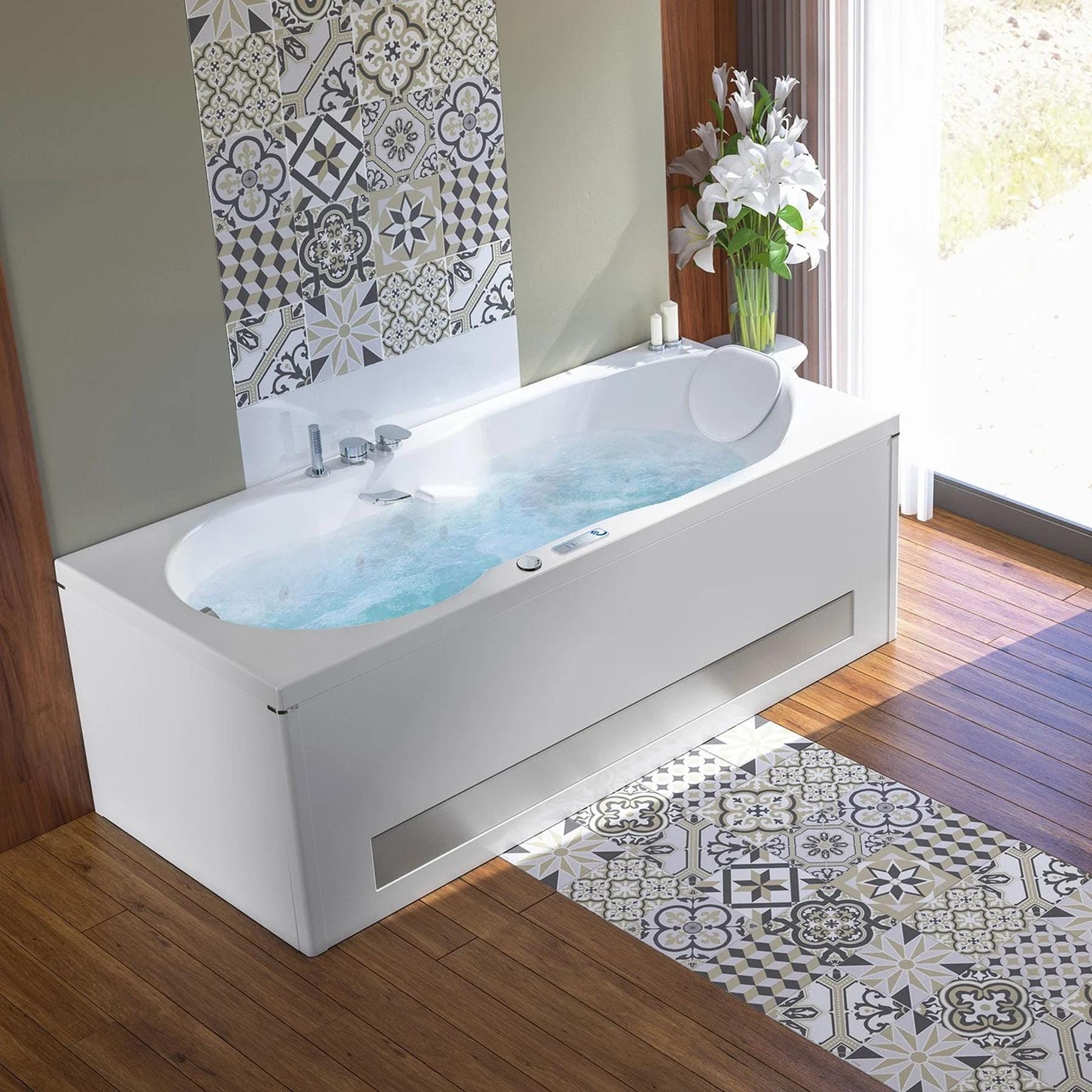 Baignoire balnéo ROMANZA 180x80 sur châssis métal, système balnéo SILENCE & AIR tête bain à droite 0