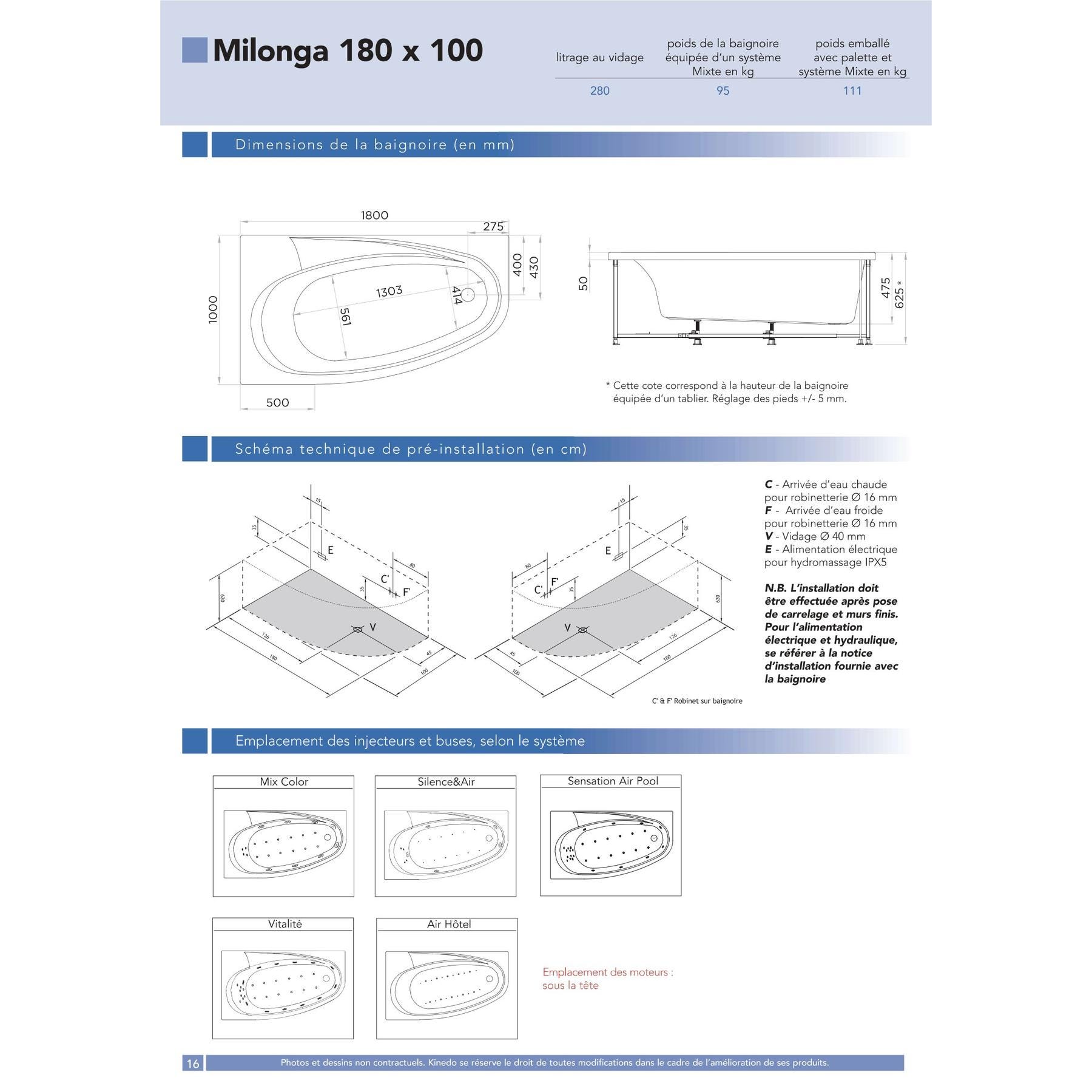 Baignoire balnéo MILONGA 180x100 sur châssis métal, tête bain à droite, système balnéo SILENCE & AIR 3