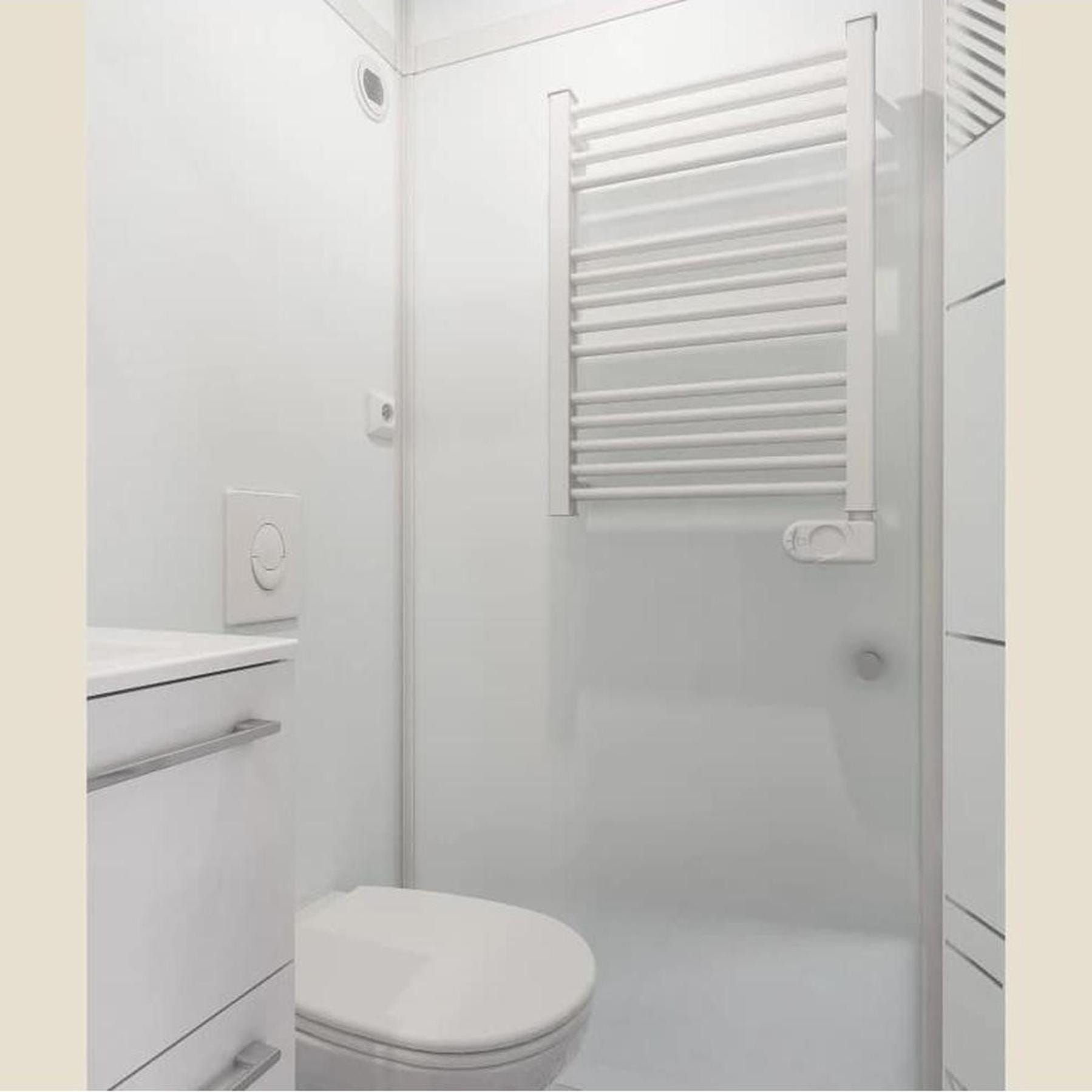 Salle de bain d'angle MODULO Luxe 200x100 VB douche à droite, meuble vasque, WC broyeur et sèche serviettes à gauche profilé blanc verre blanc dépoli 2