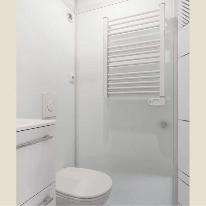 Salle de bain d'angle MODULO Luxe 200x100 VB douche à droite, meuble vasque, WC broyeur et sèche serviettes à gauche profilé blanc verre blanc dépoli 2