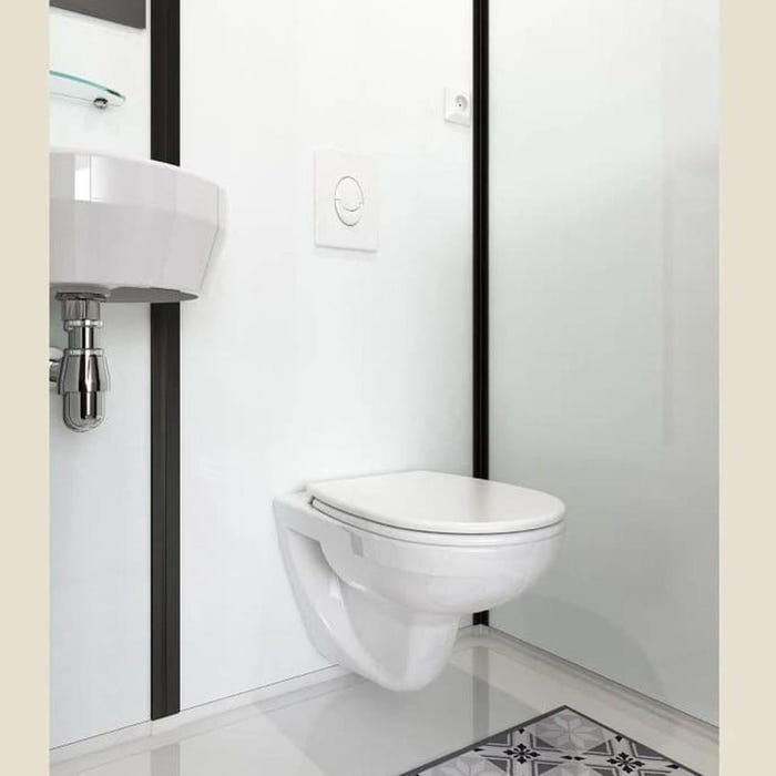 Salle de bain d'angle MODULO Luxe 200x100 VB douche à droite, meuble vasque, WC broyeur et sèche serviettes à gauche profilé blanc verre blanc dépoli 3