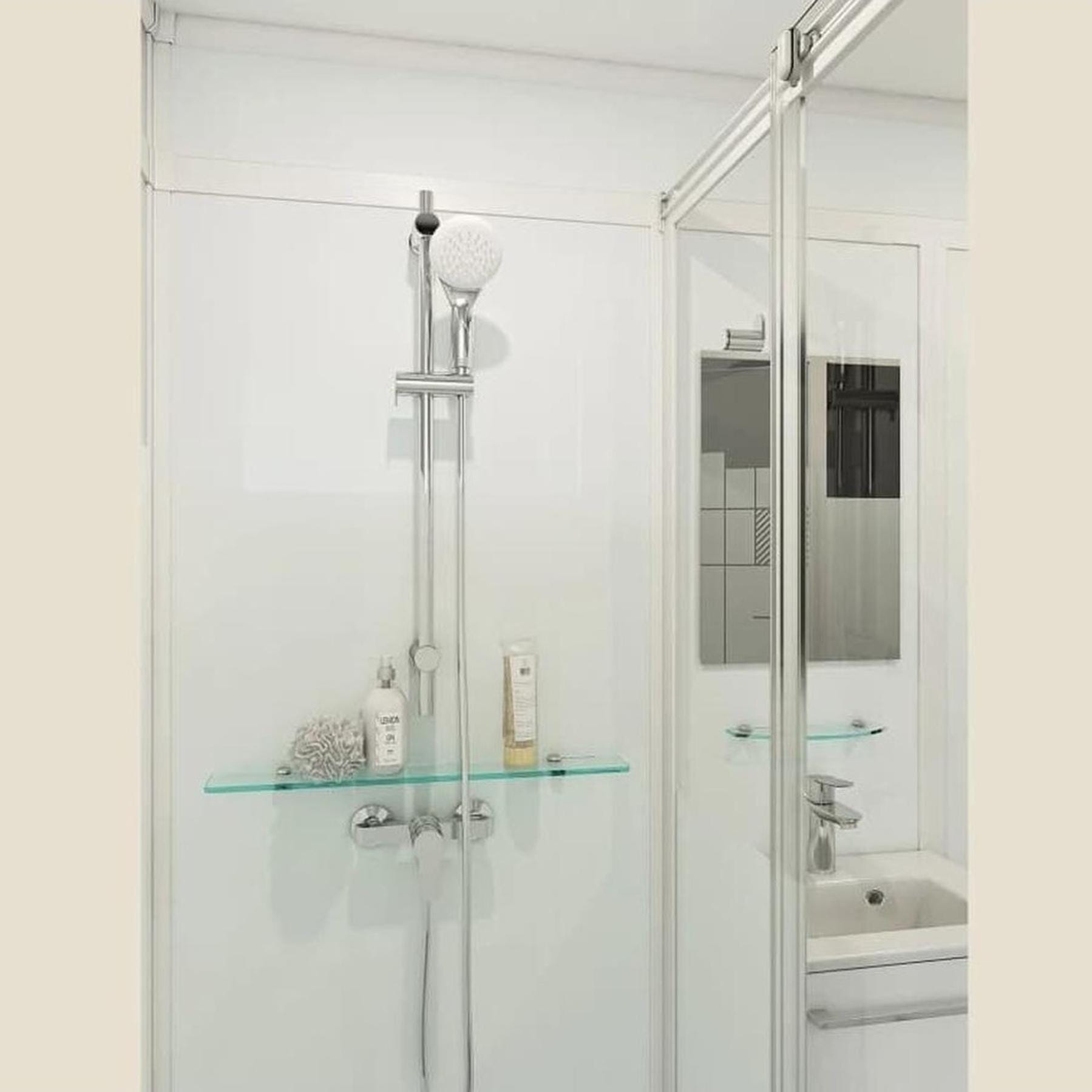 Salle de bain d'angle Kinedo MODULO Luxe 170x100 haute avec pompe douche à gauche, meuble vasque et sèche serviettes droite blanc verre blanc dépoli 1