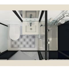 Salle de bain d'angle Kinedo MODULO Luxe 200x100 haute douche à droite, meuble vasque centré, WC et sèche serviettes à gauche noir verre blanc dépoli 1