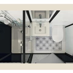 Salle de bain d'angle Kinedo MODULO Luxe 200x100 haute douche à gauche, meuble vasque, WC (avec broyeur) et sèche serviettes à droite noir verre noir 1