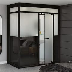 Salle de bain d'angle Kinedo MODULO Luxe 200x100 haute douche à gauche, meuble vasque, WC (avec broyeur) et sèche serviettes à droite noir verre noir 0