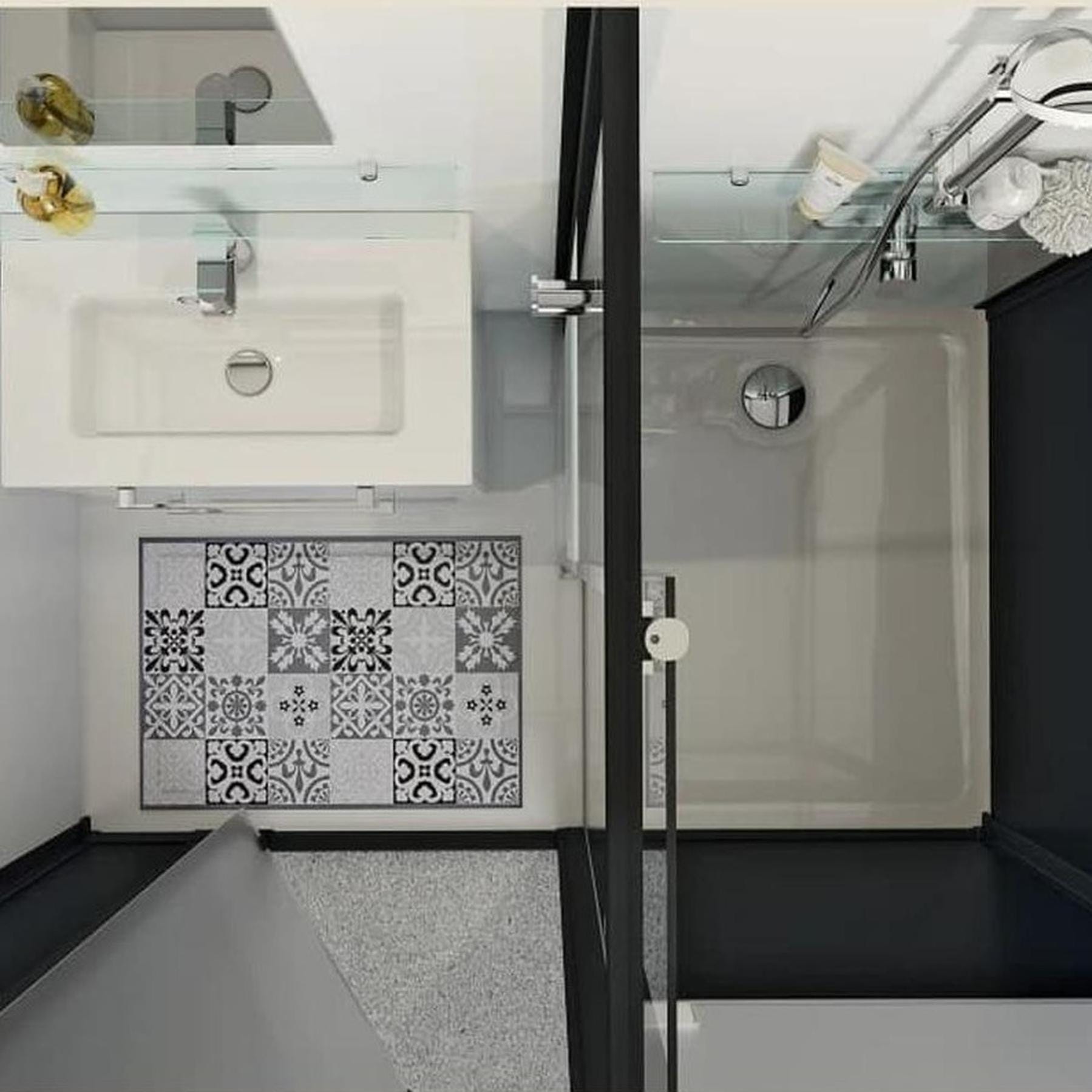 Salle de bain d'angle Kinedo MODULO Luxe 170x100 basse douche à droite, meuble vasque et sèche serviettes à gauche noir verre blanc dépoli 1