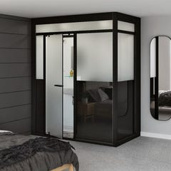 Salle de bain d'angle Kinedo MODULO Luxe 200x100 haute douche à droite, meuble vasque, WC (avec broyeur) et sèche serviettes à gauche noir verre noir 0