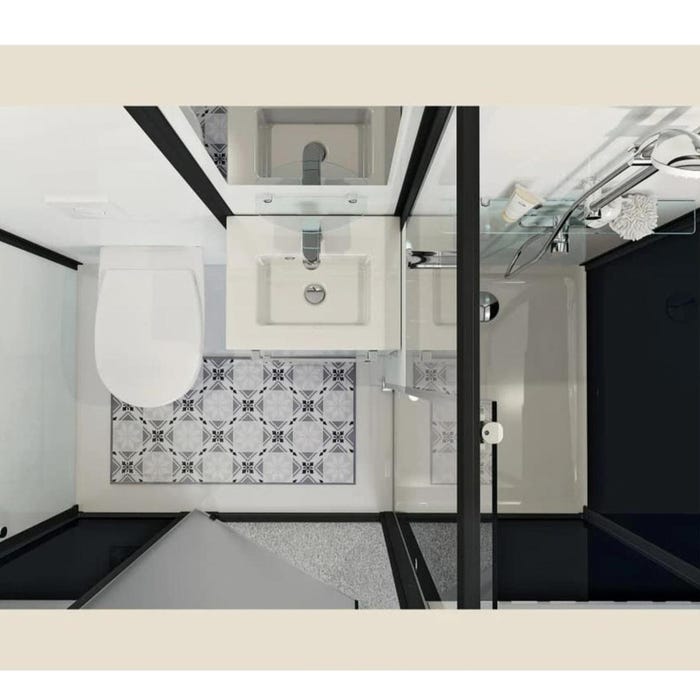 Salle de bain d'angle Kinedo MODULO Luxe 200x100 haute douche à droite, meuble vasque centré, WC et sèche serviettes à gauche noir verre noir dépoli 1