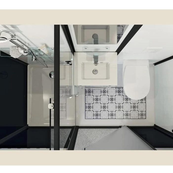 Salle de bain d'angle Kinedo MODULO Luxe 200x100 basse douche à gauche, meuble vasque, WC broyeur et sèche serviettes à droite noir verre blanc dépoli 1