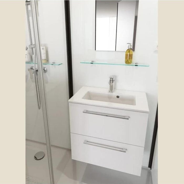Salle de bain d'angle Kinedo MODULO Luxe 170x100 haute douche à gauche, meuble vasque, sèche serviettes à droite blanc verre blanc dépoli 2