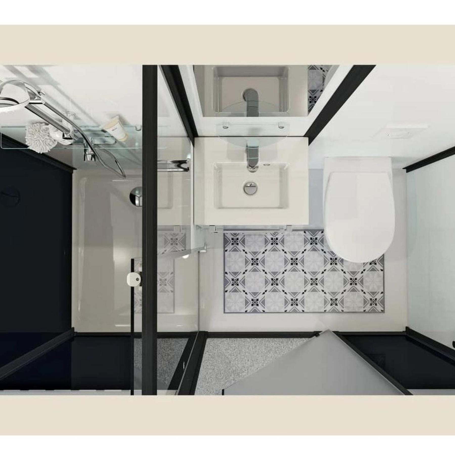 Salle de bain d'angle Kinedo MODULO Luxe 200x100 basse douche à gauche, meuble vasque centré, WC et sèche serviettes à droite noir verre noir dépoli 1