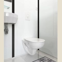 Salle de bain d'angle MODULO Luxe 200x100 VH douche à droite, meuble vasque, WC (avec broyeur) et sèche serviettes à gauche profilé blanc verre blanc 3